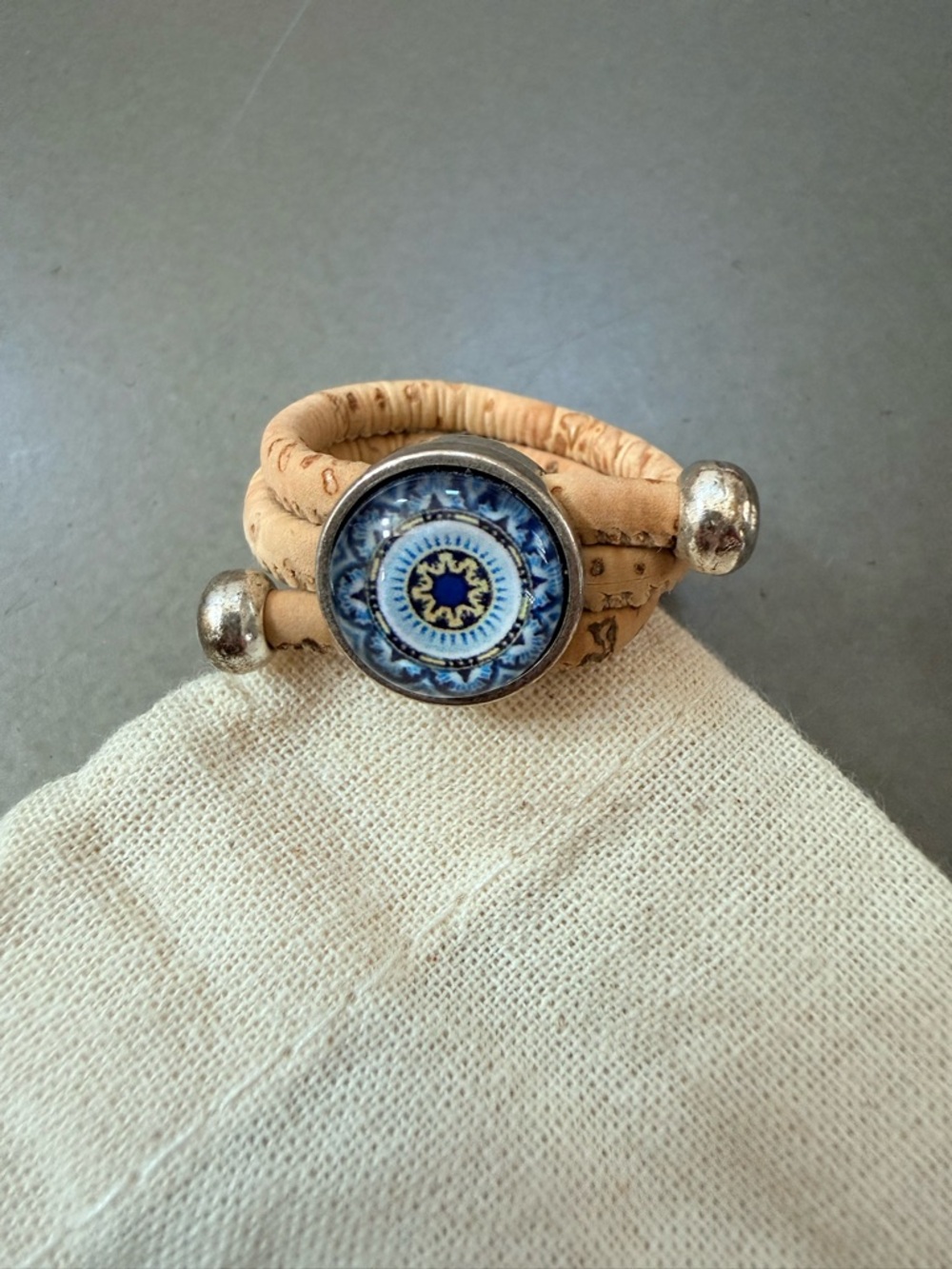 Beige Cork Wrap Ring with Blue Design